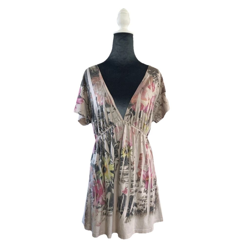 Vintage Y2K Babydoll Dress Mini Sunflowers Pink Phoebe Plunge Neckline Large USA